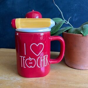 Rae Dunn - Red, I Love Teaching Coffee Mug With topper for a favorite Teacher.